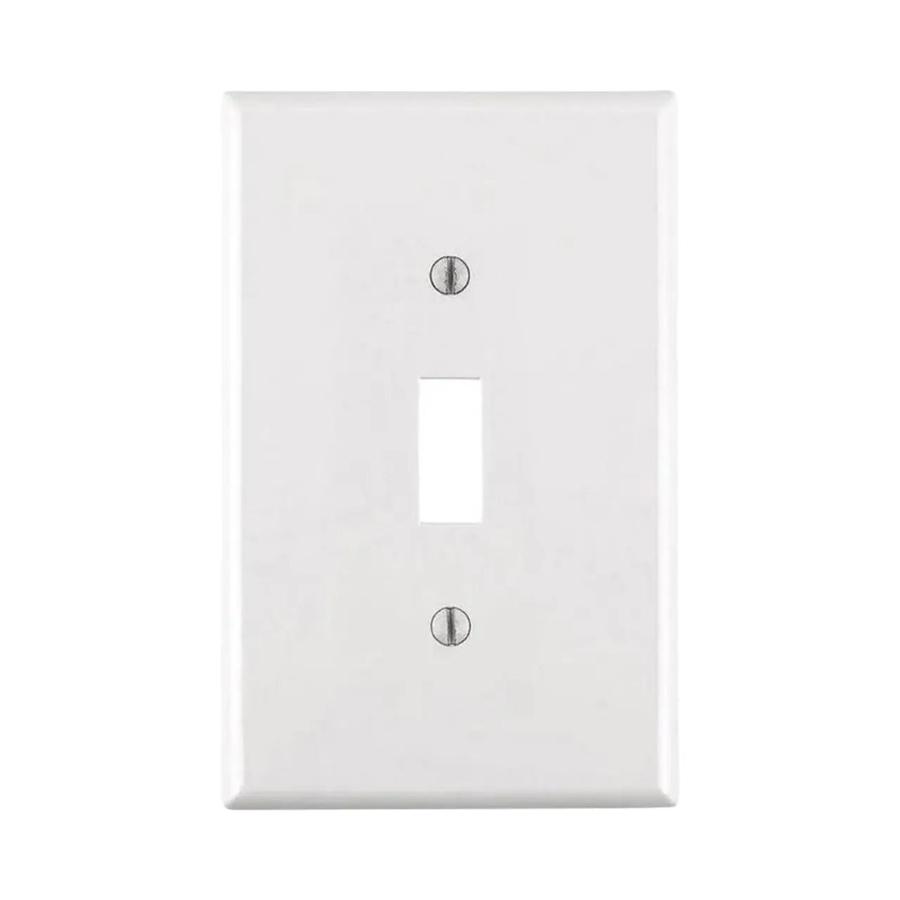 A Go Build 1-Gang White Midway Toggle Nylon Wall Plate features a rectangular opening for a standard switch and two visible screws. Sold in a 10 pack, its from The Fastest Way To Build brand.